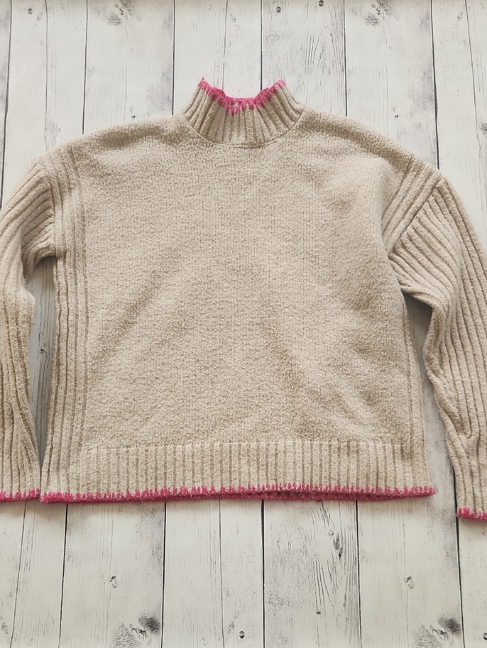 Joie Womens Small Beige With Pink Trim Mock Turtleneck Sweater